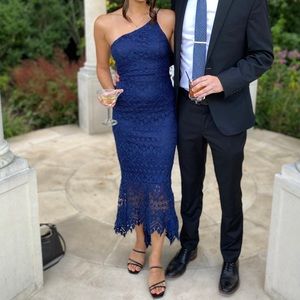Blue Lace One-Shoulder Midi Dress